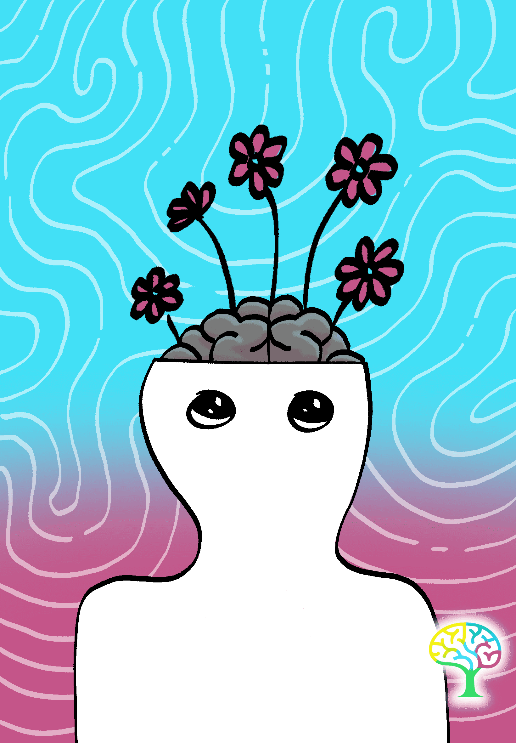 Illustration of a smiling mind with flowers growing from an open head