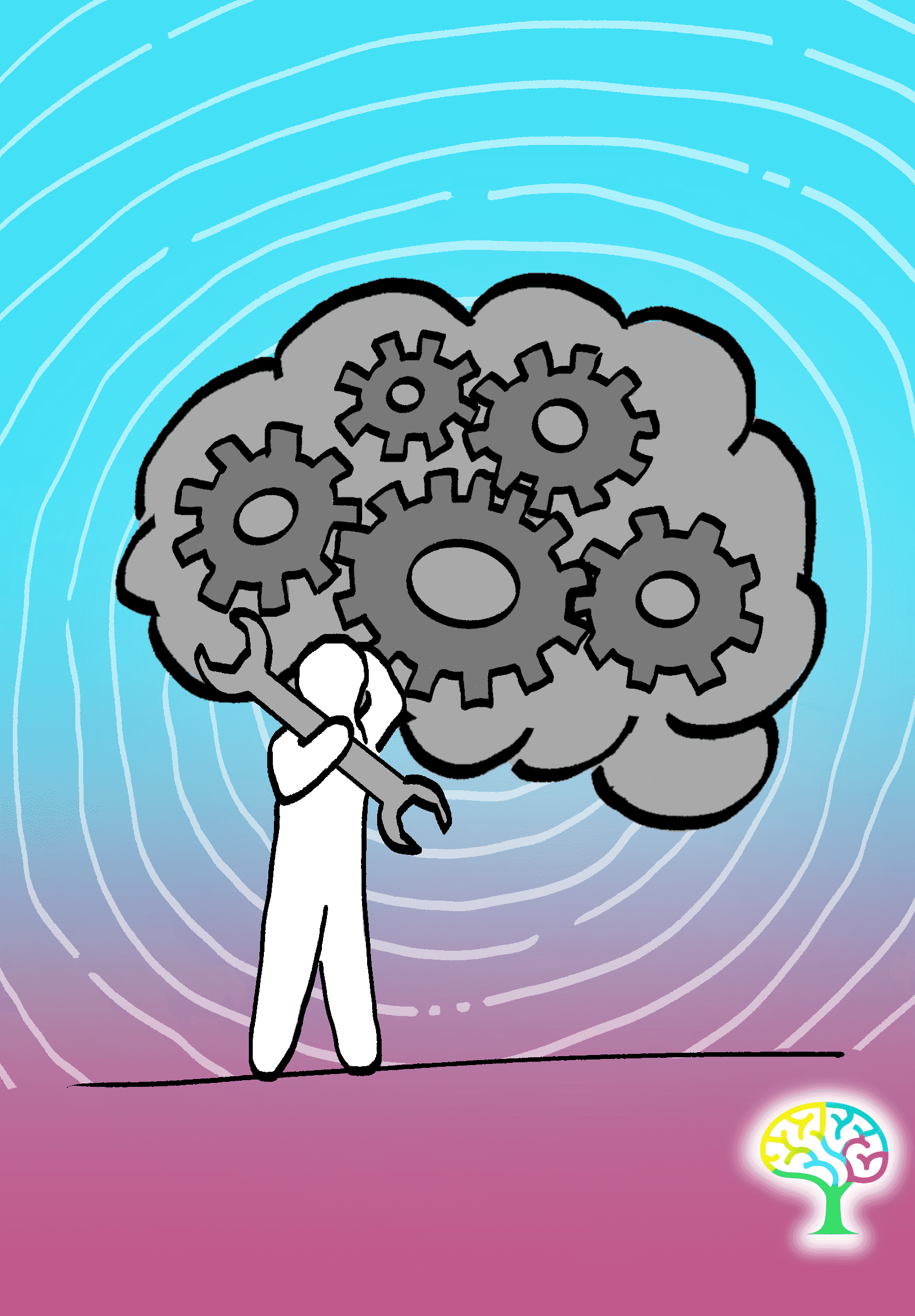 Illustration of a person turning gears inside a large brain