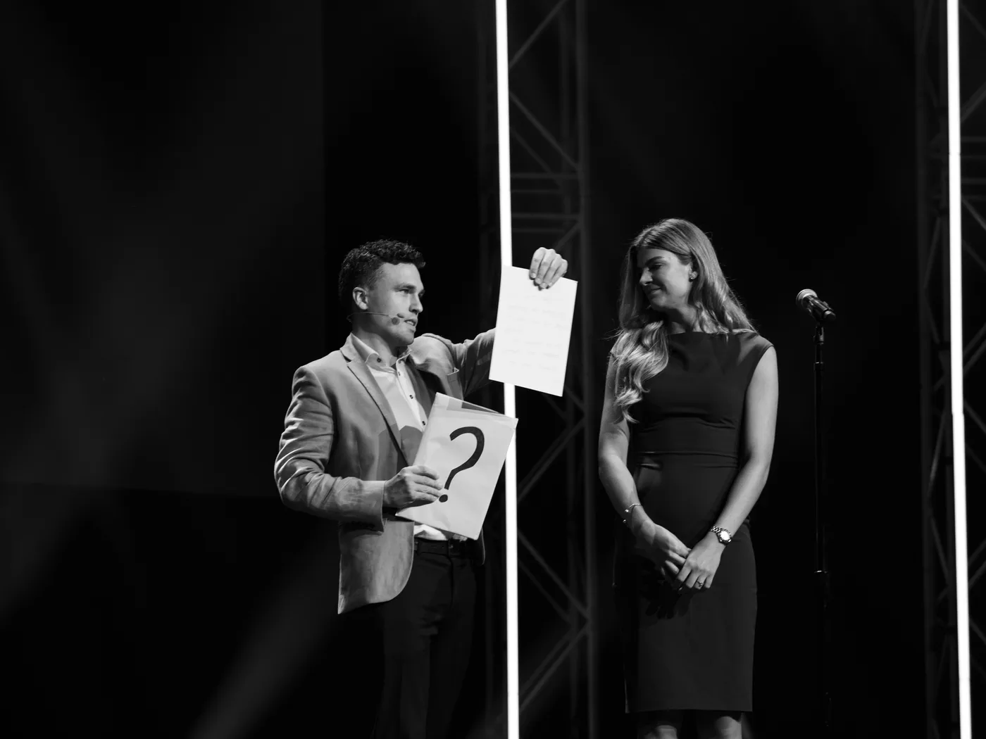 Andy Nunn sharing a stage demonstration with an audience volunteer