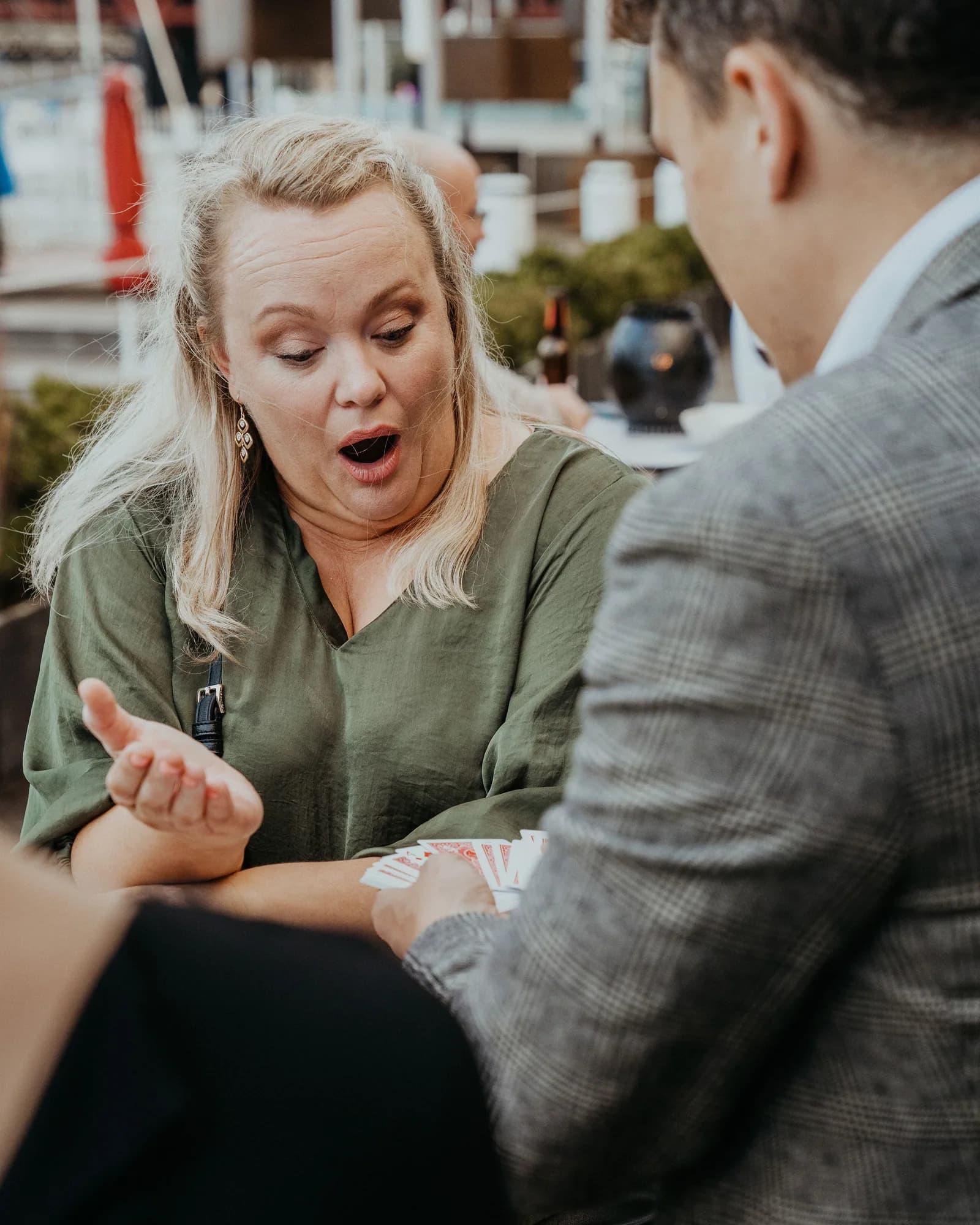 A Sydney event guest reacting to Andy Nunn's close-up roving mentalism